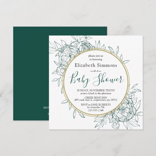 Emerald & Gold Peony Floral Toile Baby Shower Invitation (Front/Back)