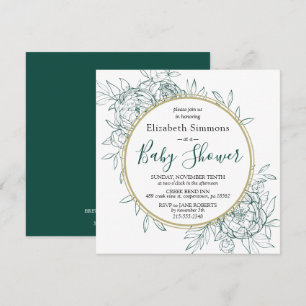 Emerald & Gold Peony Floral Toile Baby Shower Invitation
