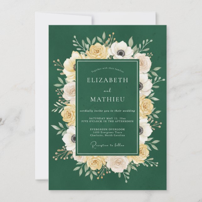 Emerald Gold Ranunculus Eucalyptus Wedding Invitation (Front)