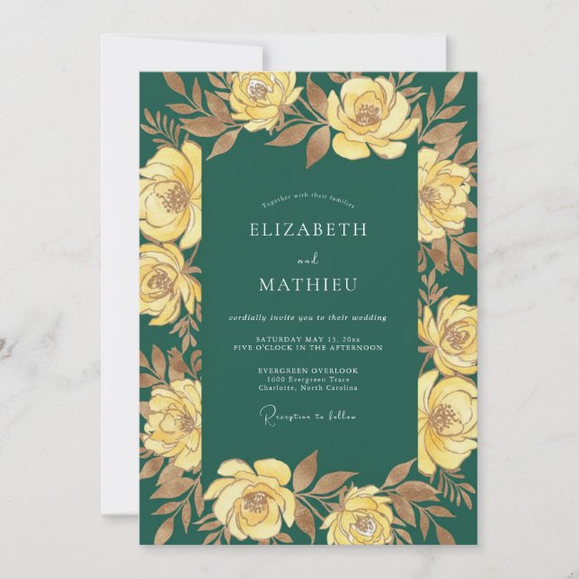Emerald Gold Rose Wedding Invitation (Front)