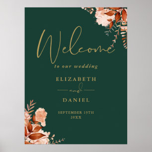 Emerald Gold Rustic Floral Wedding Welcome Sign