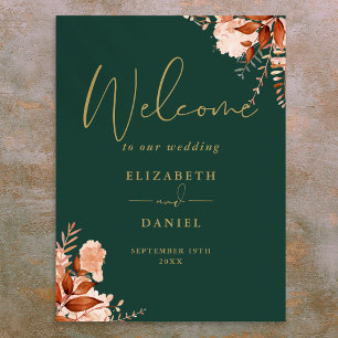 Emerald Gold Rustic Floral Wedding Welcome Sign