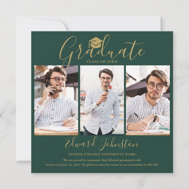 Emerald Gold Script Graduate 4 Photo Graduation Announcement (Front)