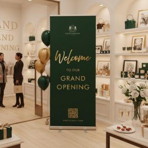 Emerald Gold Script QR Grand Opening Welcome Retractable Banner