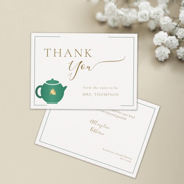 Emerald Gold Tea Elegant Bridal Shower Thank You Card (tea with bride thank you card bridal shower emerald green gold elegant modern classic minimalist)