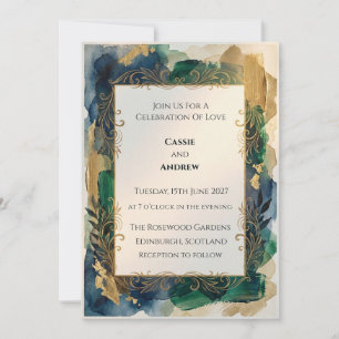 Emerald Gold Watercolor Wedding Invitation