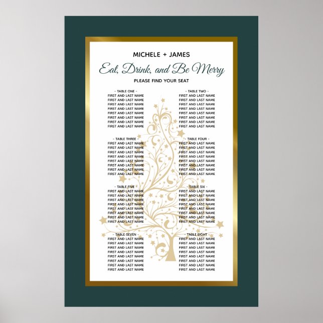 Emerald Gold Winter Wedding Seating Chart (Front)
