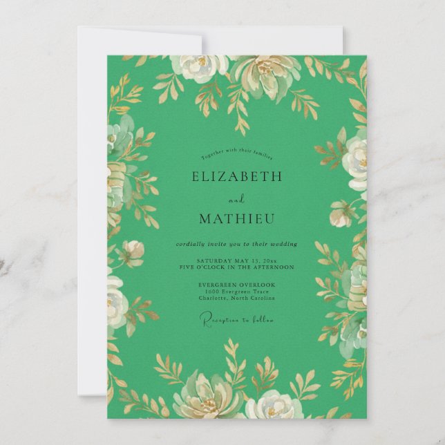 Emerald Golden Petals Wedding Invitation (Front)