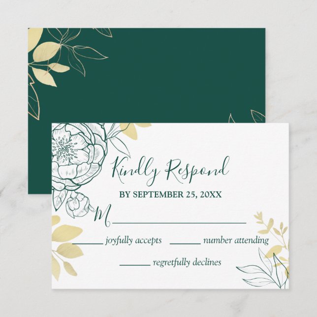 Emerald Gree & Gold Peony Floral Wedding RSVP Card (Front/Back)