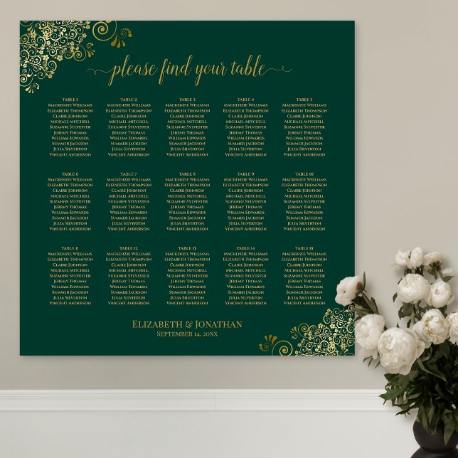 Emerald Green 15 Table Wedding Seating Chart Gold (In Situ on Wall)