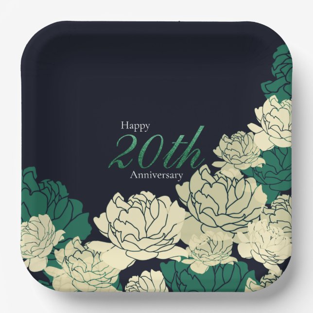 Emerald green 20th anniversary rose print paper pl paper plate (Front)