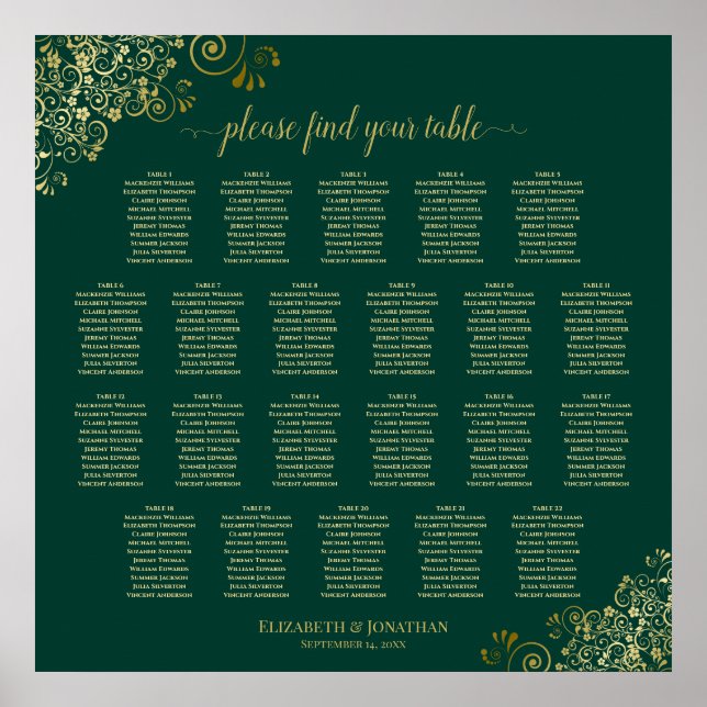 Emerald Green 22 Table Wedding Seating Chart Gold (Front)