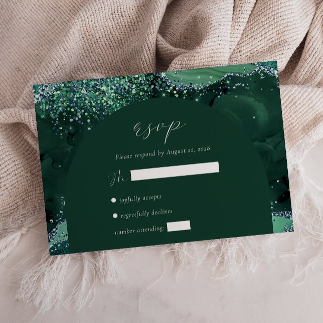 Emerald Green Agate Arch Silver Glitter Wedding RSVP Card (Creator Uploaded)