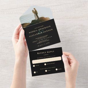 Emerald green agate black photo wedding  all in one invitation