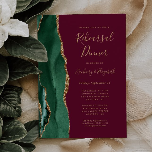 Emerald Green Agate Burgundy Rehearsal Dinner Invitation (Creator Uploaded)