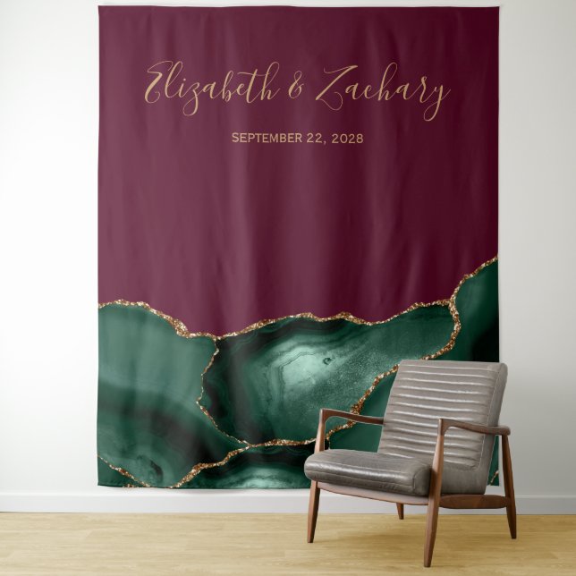 Emerald Green Agate Burgundy Wedding Photo Booth Tapestry (In Situ)