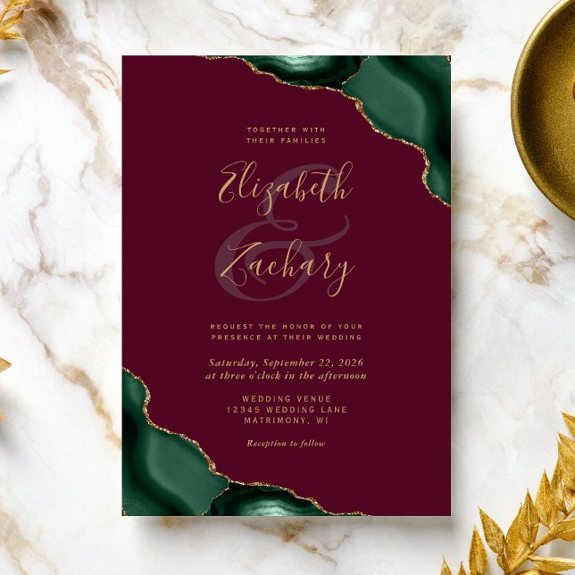 Emerald Green Agate Corners Burgundy Wedding Invitation (Creator Uploaded)