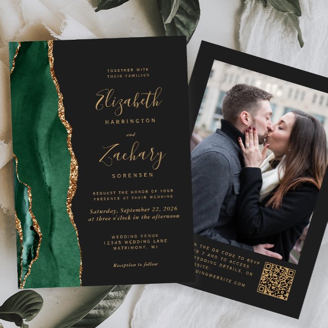 Emerald Green Agate Dark Photo QR Code Wedding Invitation (Creator Uploaded)