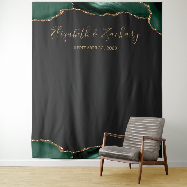 Emerald Green Agate Dark Wedding Photo Booth Tapestry (In Situ)