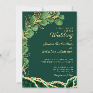 Emerald Green Agate Eucalyptus Jewel Tone Wedding Invitation
