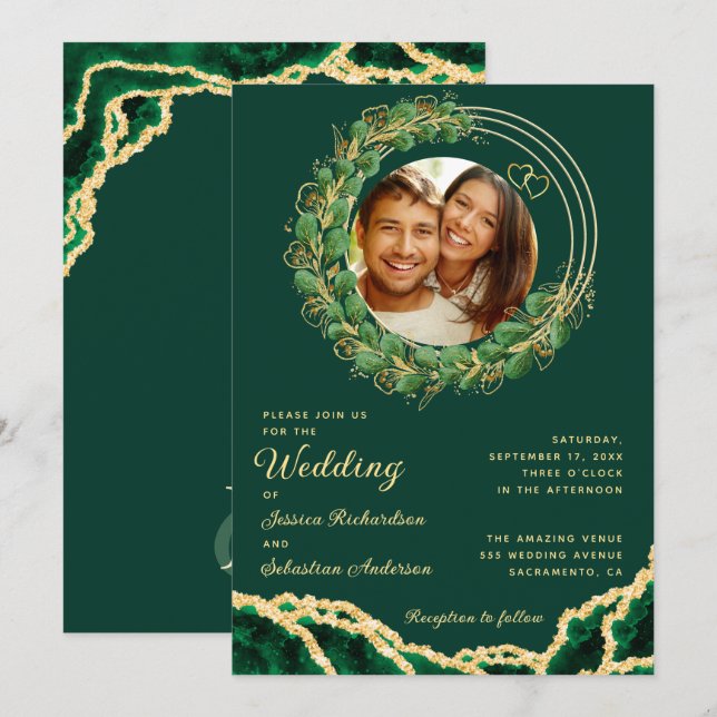 Emerald Green Agate Eucalyptus Jewel Tone Wedding Invitation (Front/Back)