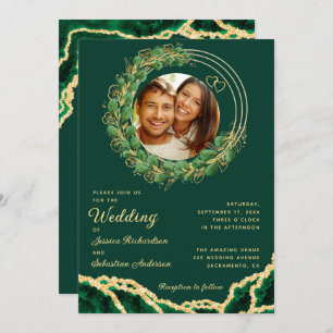 Emerald Green Agate Eucalyptus Jewel Tone Wedding Invitation