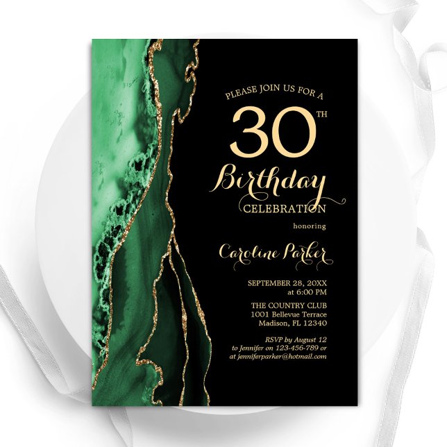 Emerald Green Agate Gold Black 30th Birthday Invitation (Creator Uploaded)