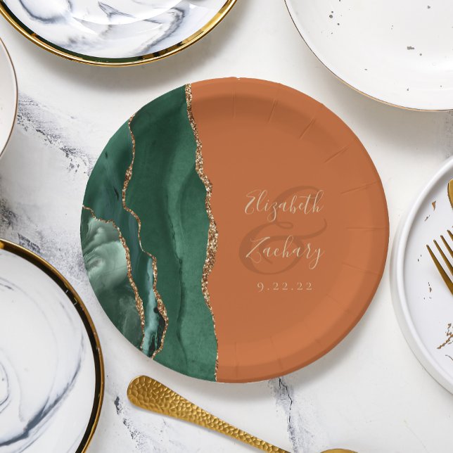 Emerald Green Agate Gold Burnt Orange Wedding Paper Plate (Creator Uploaded)