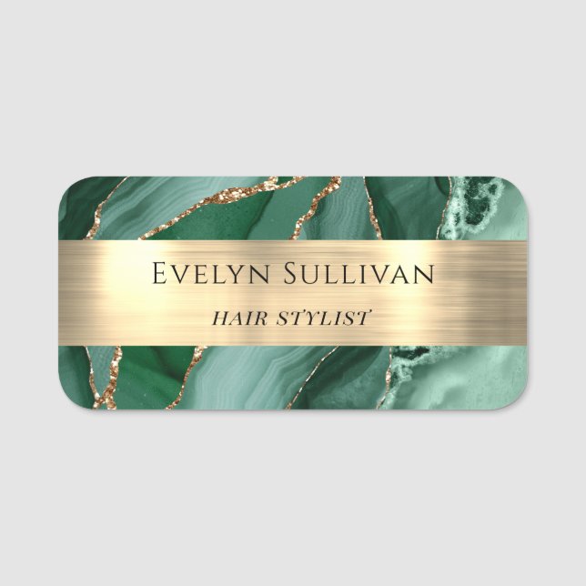 Emerald Green Agate Gold Foil Name Tag (Front)