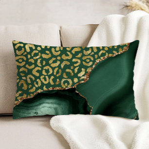 Emerald Green Agate Gold Glitter Leopard Spots Decorative Cushion
