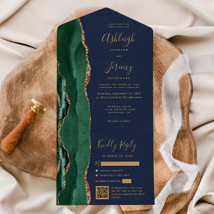 Emerald Green Agate Gold Navy Blue QR Code Wedding All In One Invitation