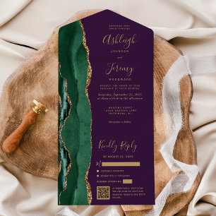 Emerald Green Agate Gold Purple QR Code Wedding All In One Invitation
