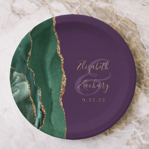 Emerald Green Agate Gold Purple Wedding Paper Plate
