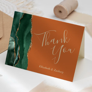 Emerald Green Agate Gold Rust Wedding Thank You Card