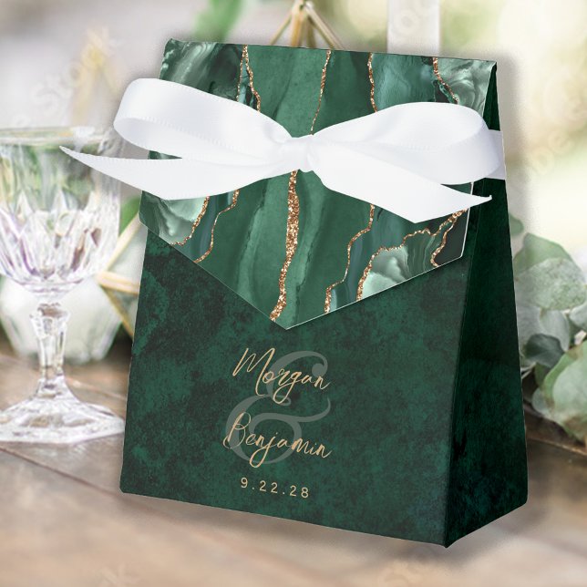 Emerald Green Agate Gold Script Wedding Favour Box (Creator Uploaded)