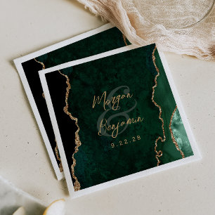 Emerald Green Agate Gold Script Wedding Napkin