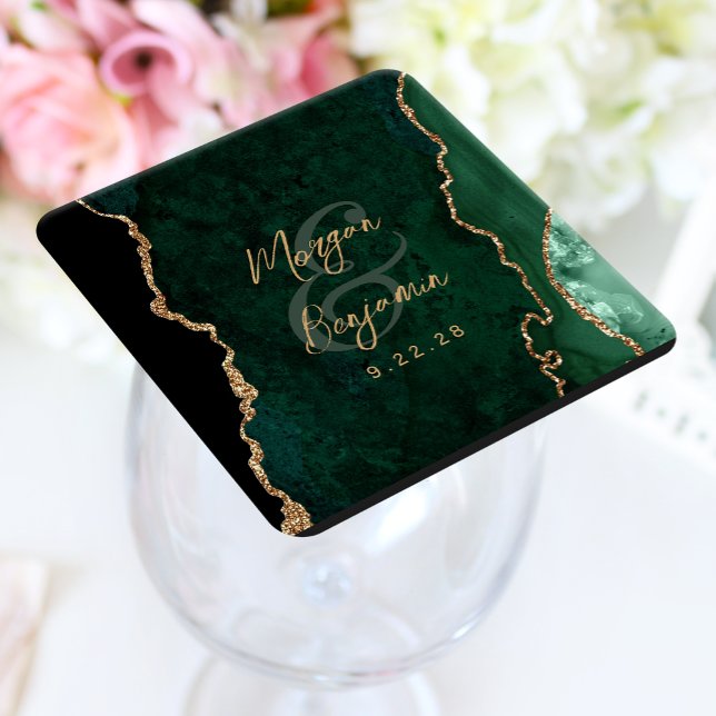 Emerald Green Agate Gold Script Wedding Square Paper Coaster (Creator Uploaded)