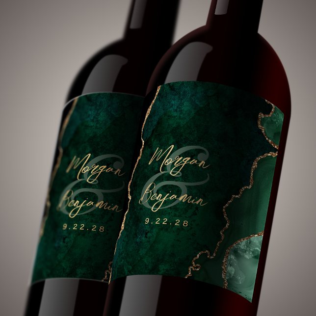 Emerald Green Agate Gold Script Wedding Wine Label (Creator Uploaded)