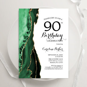 Emerald Green Agate Gold White 90th Birthday Invitation