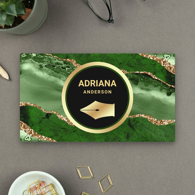 Emerald Green Agate Lawyer Attorney Gold Pen Nib Business Card (Creator Uploaded)