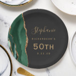 Emerald Green Agate Marble Gold Dark 50th Birthday Paper Plate<br><div class="desc">These elegant modern 50th birthday plates feature an emerald green watercolor design trimmed with faux gold glitter on an off-black background. Easily customise the gold-coloured text with the guest of honour's name and birthday.</div>