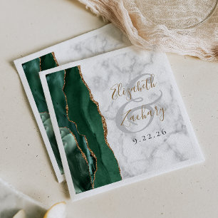 Emerald Green Agate Marble Gold Script Wedding Napkin