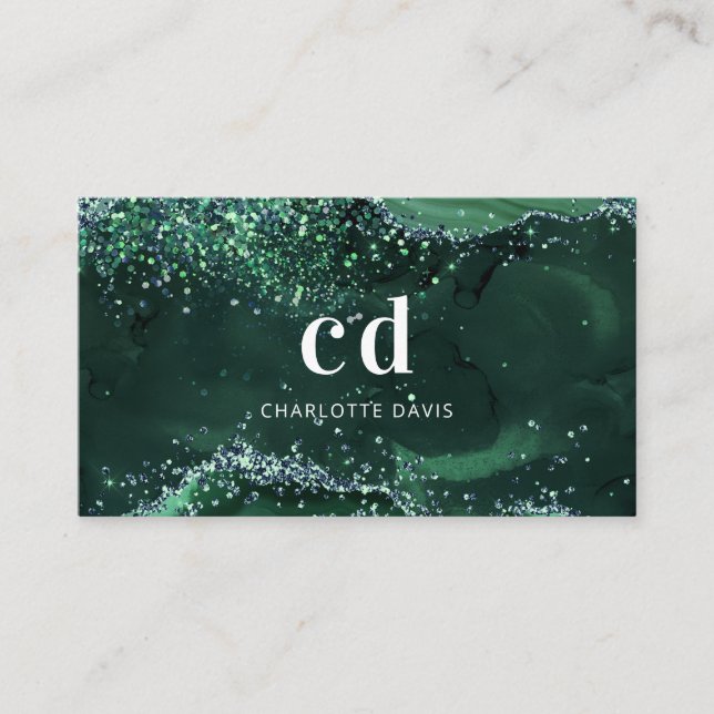Emerald Green agate marble monogram initials Business Card (Front)