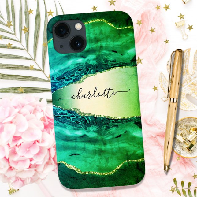 Emerald green agate marble name script Case-Mate iPhone case (Creator Uploaded)