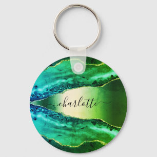 Emerald green agate marble name script  key ring