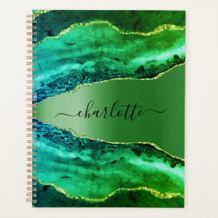 Emerald green agate marble name script planner
