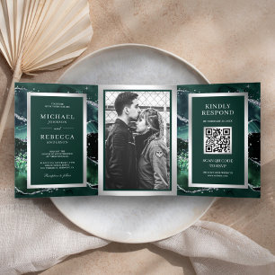 Emerald Green Agate Marble QR Code Wedding Tri-Fold Invitation
