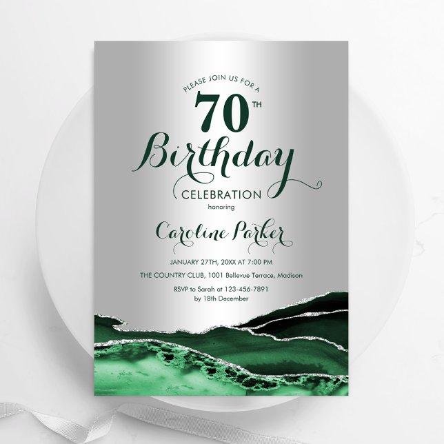 Emerald Green Agate Marble Silver 70th Birthday Invitation (Creator Uploaded)