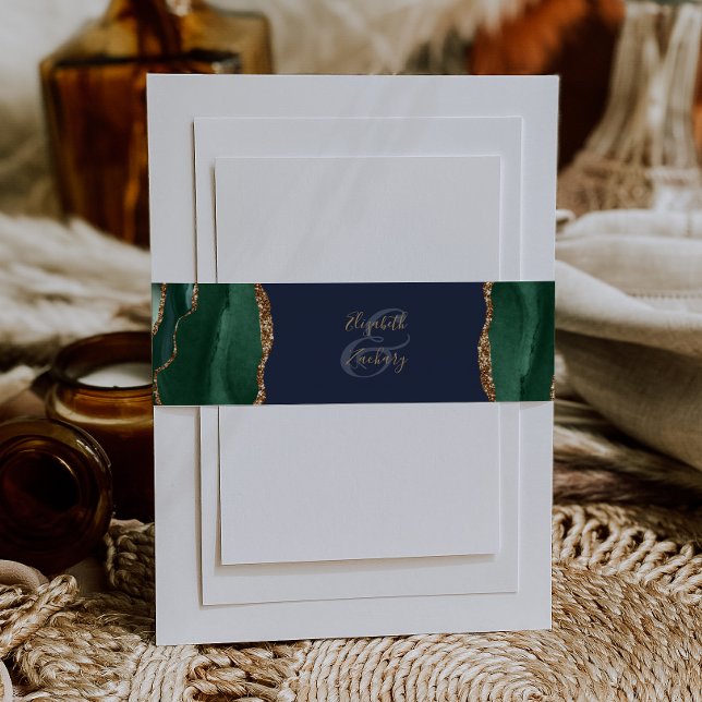 Emerald Green Agate Navy Blue Wedding Invitation Belly Band (Creator Uploaded)