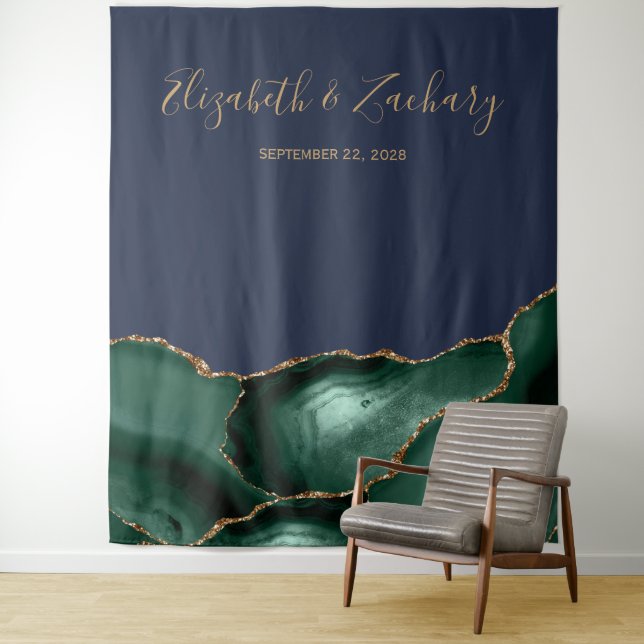 Emerald Green Agate Navy Blue Wedding Photo Booth Tapestry (In Situ)